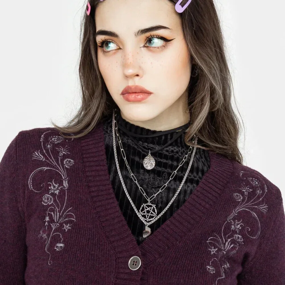 Disturbia Poe Embroidered Purple Cardigan Gray floral skull embroidery Sweater - Picture 3 of 3